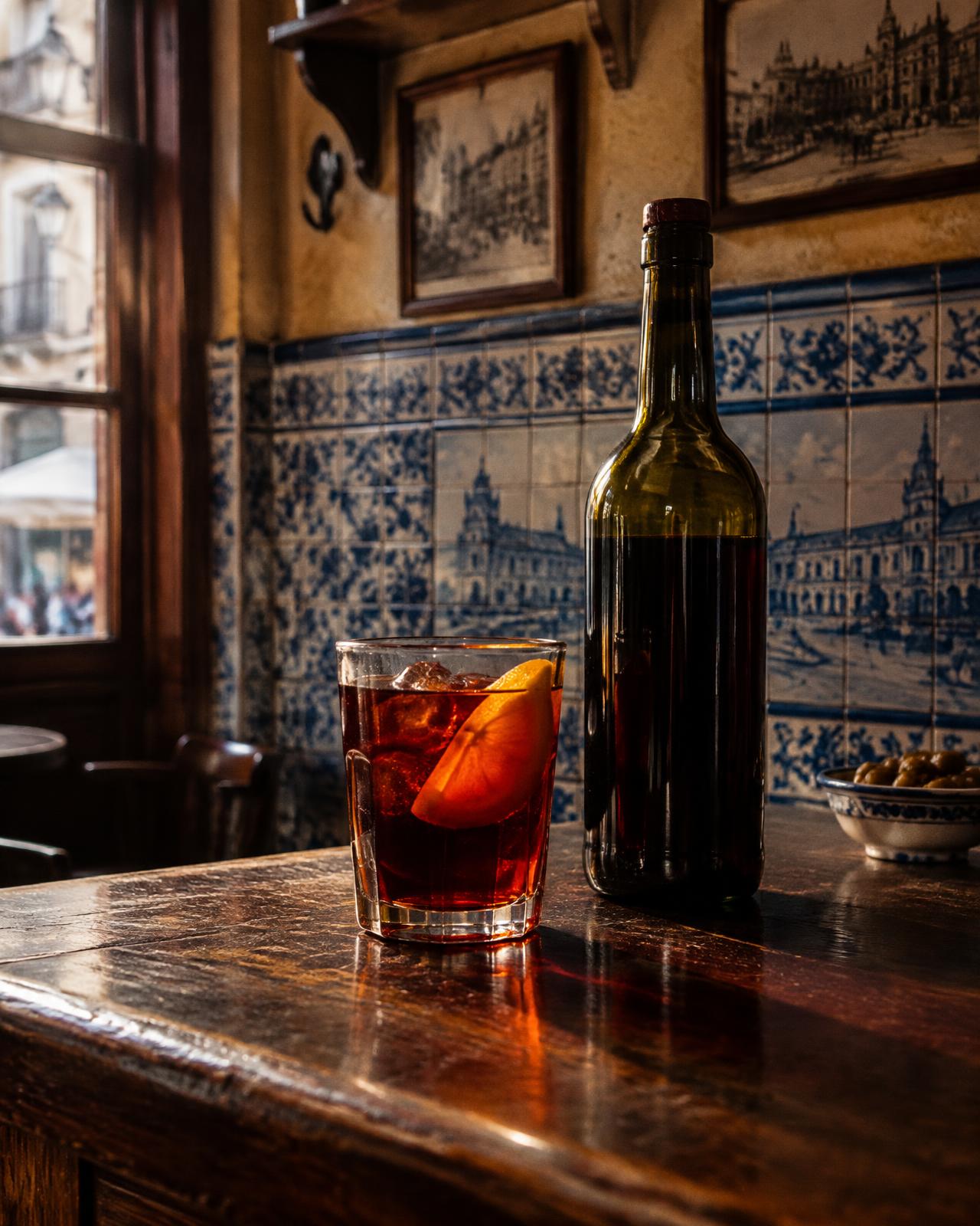 Et glas vermut og en flaske på en træbar foran azulejos